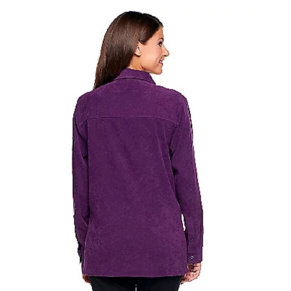 Denim & Co Womens 3X Stretch Faux Suede Button Front Big Shirt Blue Iris NWT - Picture 3 of 4